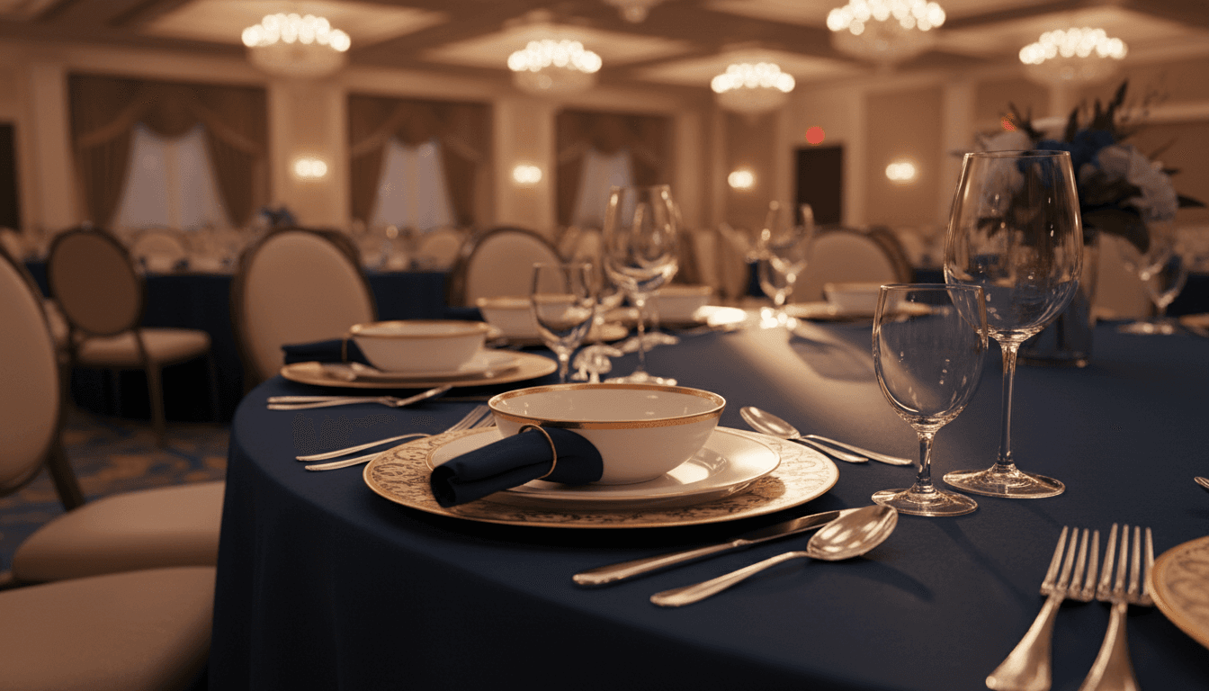 Polished silverware and glassware set on a banquet table in a San Francisco event space
