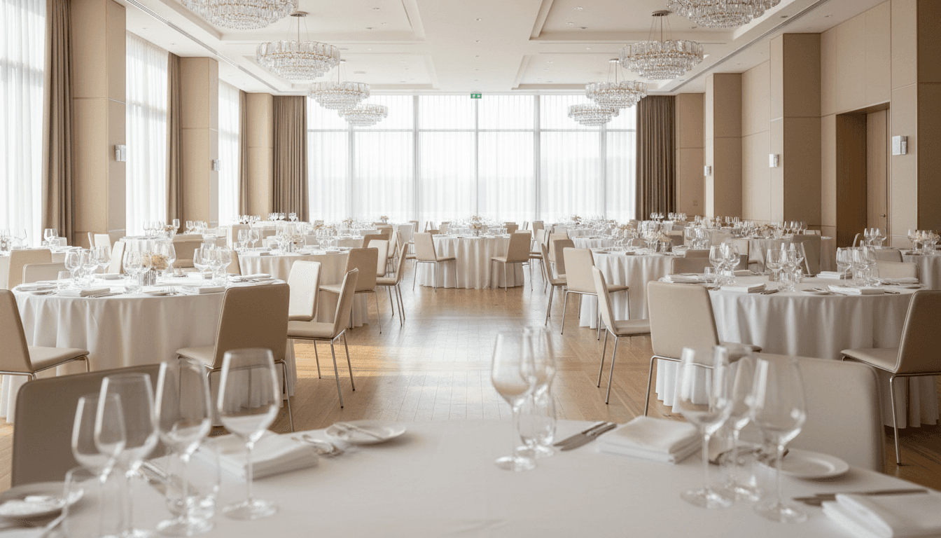 Corporate event banquet hall set for a reception with tables, linens, and glassware in natural light